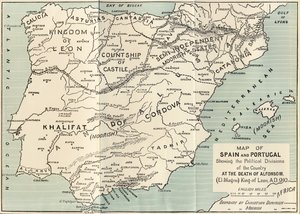 Espanjan ja Portugalin kartta, joka näyttää maan poliittisen jakautumisen Leonin kuninkaan Alfonso III:n kuollessa julkaisusta "Espanja: Yhteenveto Espanjan historiasta maurien valloituksesta G:n kukistumiseen"